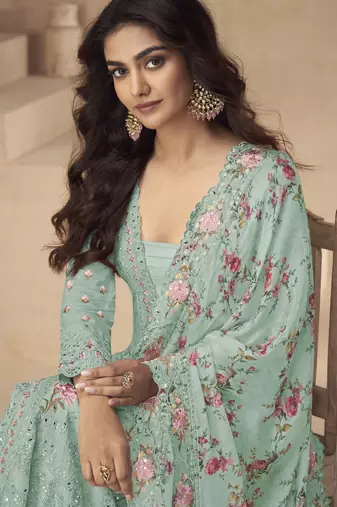 Sea-green chinon readymade suit with embroidery sequin - full stitched free size