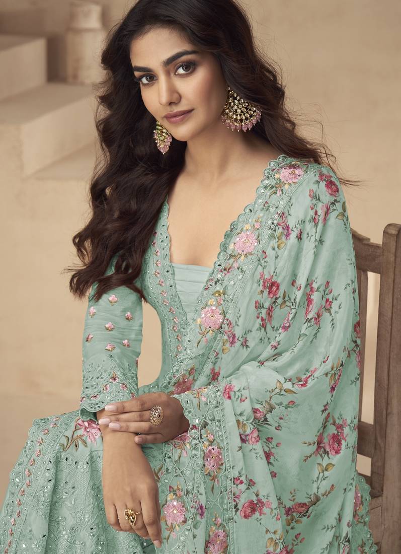 Sea-green chinon readymade suit with embroidery sequence work - full stitched free size