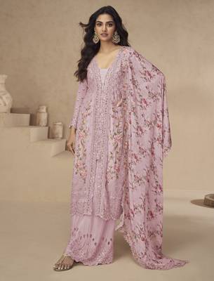 Rani-pink chinon readymade suit with embroidery sequin - full stitched free size 1