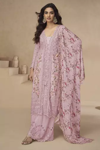 Rani-pink chinon readymade suit with embroidery sequence work - full stitched free size