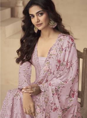 Rani-pink chinon readymade suit with embroidery sequin - full stitched free size 2