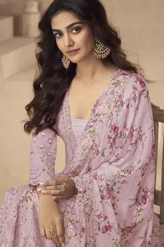 Rani-pink chinon readymade suit with embroidery sequin - full stitched free size