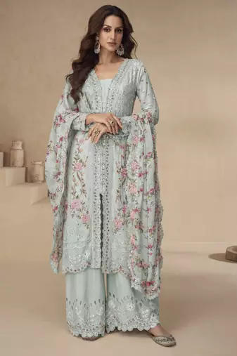 Sky-blue chinon readymade suit with embroidery sequence work - full stitched free size