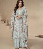 Sky-blue chinon readymade suit with embroidery sequence work - full stitched free size