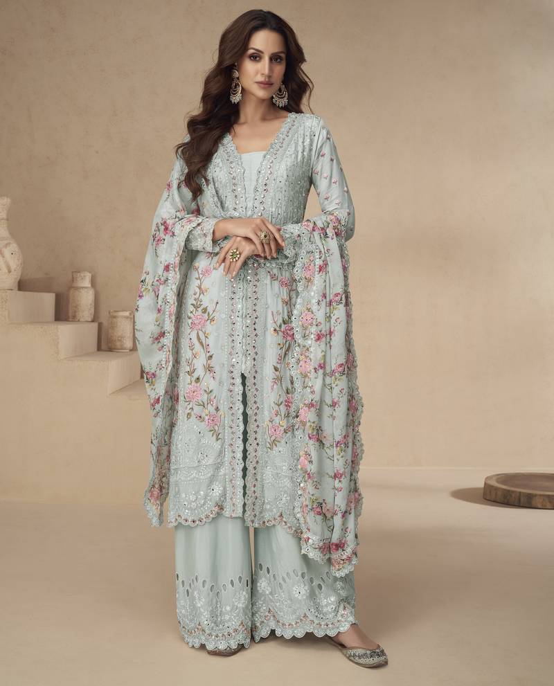 Sky-blue chinon readymade suit with embroidery sequence work - full stitched free size