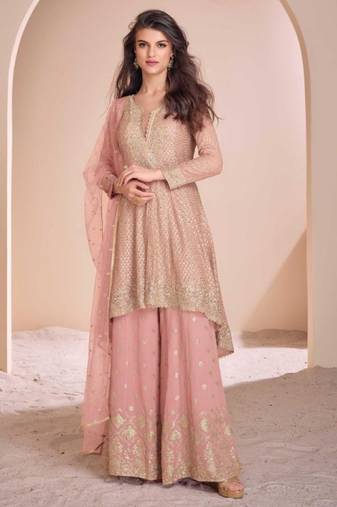 Peach georgette readymade suit with codding dori & sequence work - full stitched free size