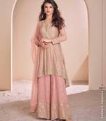 Peach georgette readymade suit with codding dori & sequence work - full stitched free size