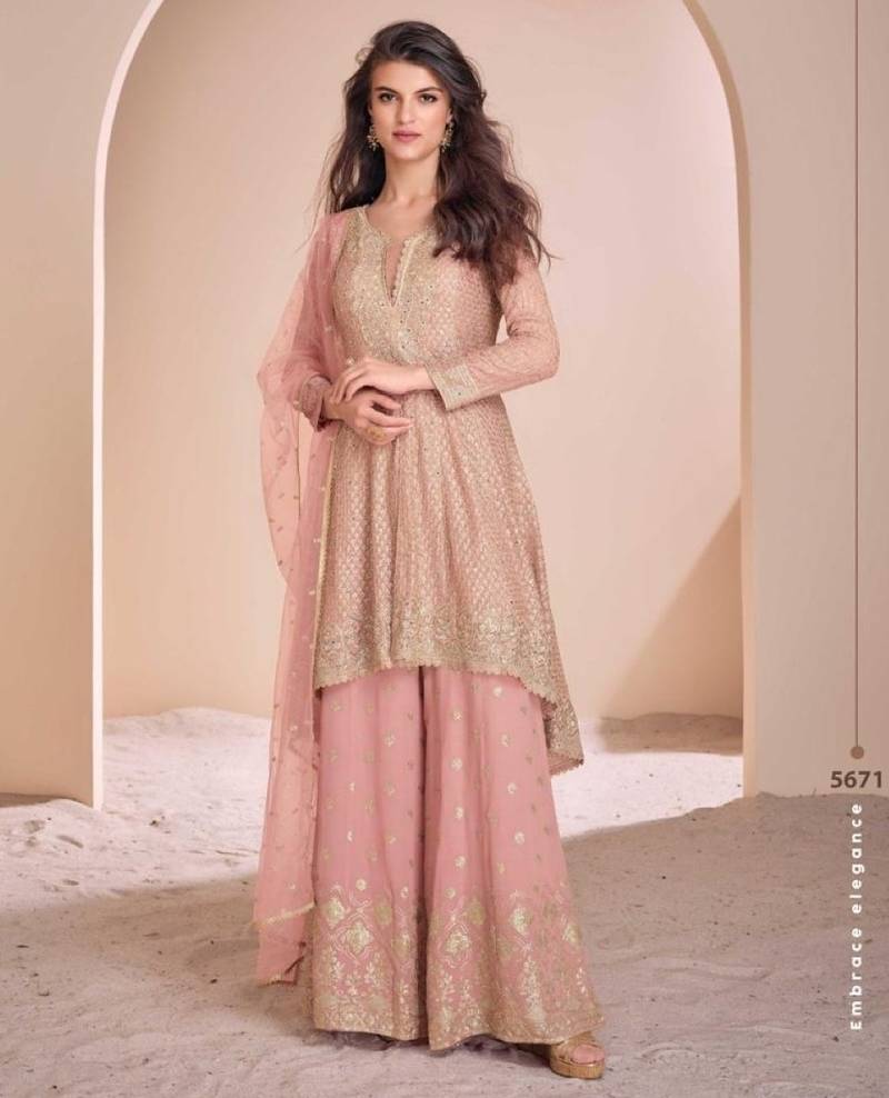 Peach georgette readymade suit with codding dori & sequence work - full stitched free size