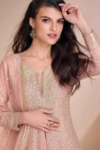 Peach georgette readymade suit with codding dori & sequin  work - full stitched free size