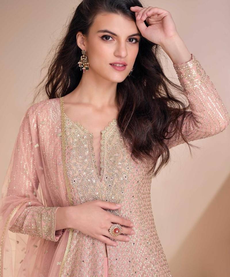 Peach georgette readymade suit with codding dori & sequence work - full stitched free size