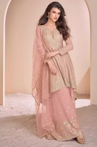 Peach georgette readymade suit with codding dori & sequin  work - full stitched free size