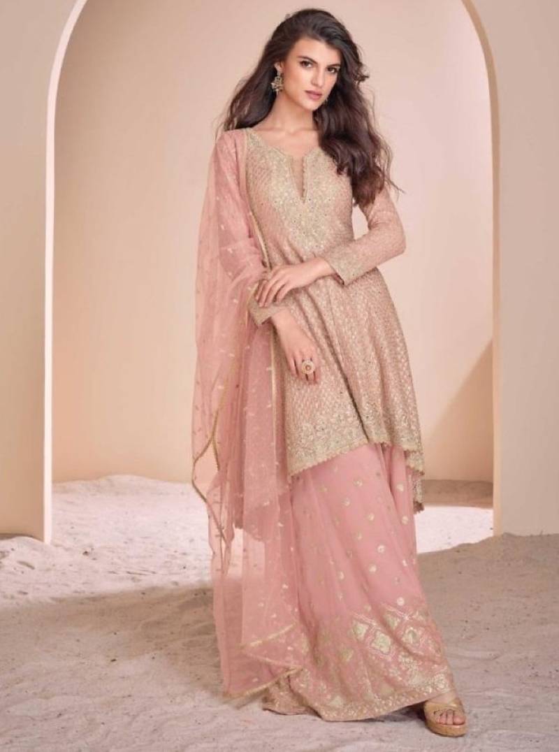 Peach georgette readymade suit with codding dori & sequence work - full stitched free size