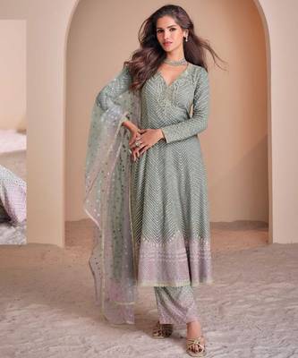 Sky-blue georgette readymade suit with codding dori & sequin - full stitched free size 1