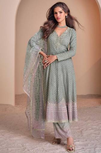 Sky-blue georgette readymade suit with codding dori & sequence work - full stitched free size