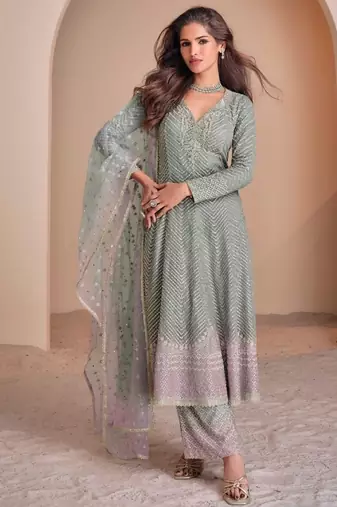 Sky-blue georgette readymade suit with codding dori & sequence work - full stitched free size