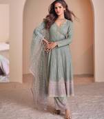 Sky-blue georgette readymade suit with codding dori & sequence work - full stitched free size