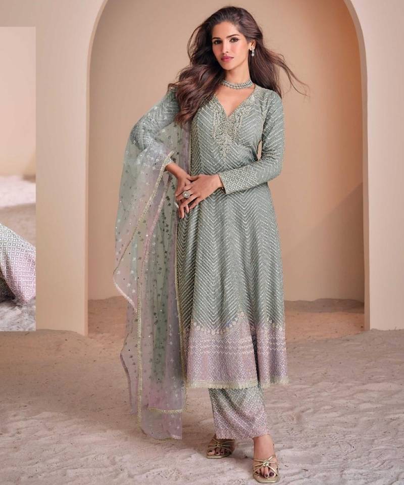 Sky-blue georgette readymade suit with codding dori & sequence work - full stitched free size