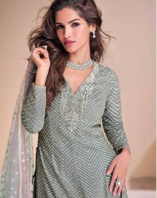 Sky-blue georgette readymade suit with codding dori & sequin - full stitched free size 2