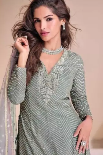 Sky-blue georgette readymade suit with codding dori & sequin - full stitched free size
