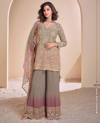 Brown georgette readymade suit with codding dori & sequence work - full stitched free size 1