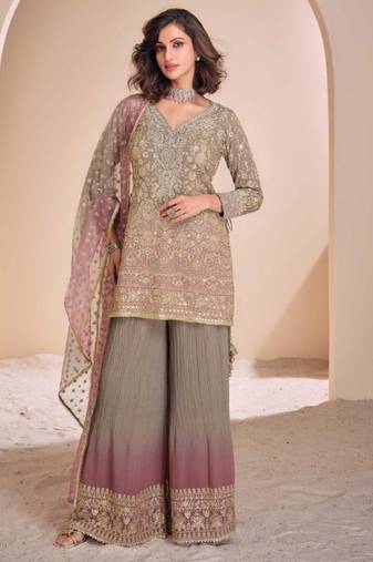 Brown georgette readymade suit with codding dori & sequence work - full stitched free size