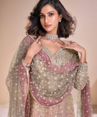 Brown georgette readymade suit with codding dori & sequence work - full stitched free size 2