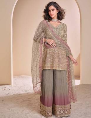 Brown georgette readymade suit with codding dori & sequence work - full stitched free size 3