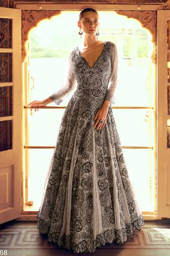 Grey shimar jacquard silk readymade anarkali suit with heavy embroidery work - full stitched free size