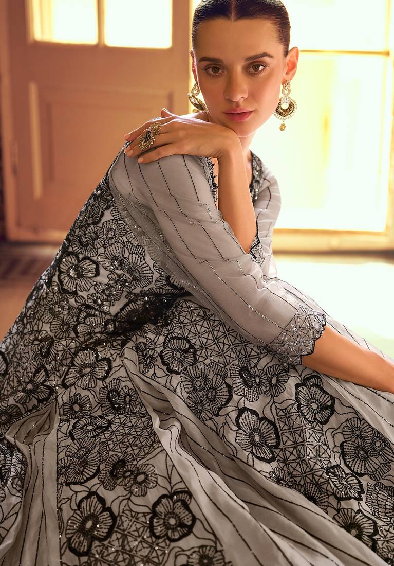 Grey shimar jacquard silk readymade anarkali suit with heavy embroidery work - full stitched free size