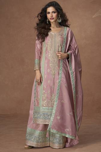 Pink chinon readymade palazzo suit with embroidery sequence work - full stitched free size