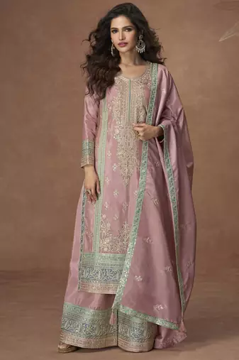 Pink chinon readymade palazzo suit with embroidery sequence work - full stitched free size