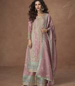 Pink chinon readymade palazzo suit with embroidery sequence work - full stitched free size