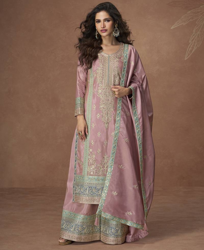 Pink chinon readymade palazzo suit with embroidery sequence work - full stitched free size