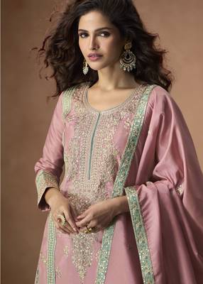 Pink chinon readymade palazzo suit with embroidery sequin - full stitched free size 2