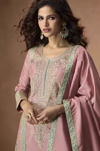 Pink chinon readymade palazzo suit with embroidery sequin - full stitched free size