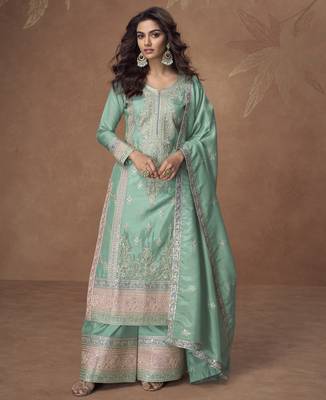 Sea-green chinon readymade palazzo suit with embroidery sequin - full stitched free size 1