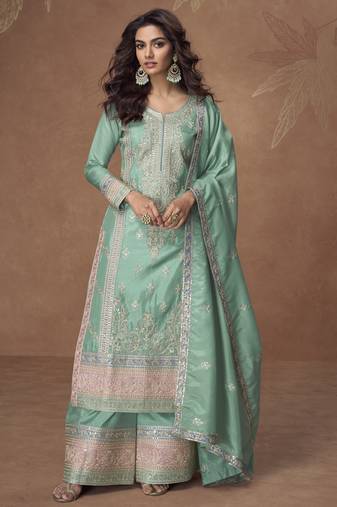 Sea-green chinon readymade palazzo suit with embroidery sequence work - full stitched free size