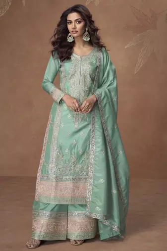 Sea-green chinon readymade palazzo suit with embroidery sequence work - full stitched free size