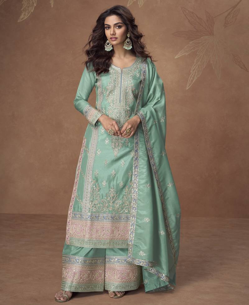 Sea-green chinon readymade palazzo suit with embroidery sequence work - full stitched free size
