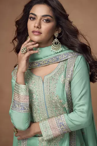 Sea-green chinon readymade palazzo suit with embroidery sequin - full stitched free size