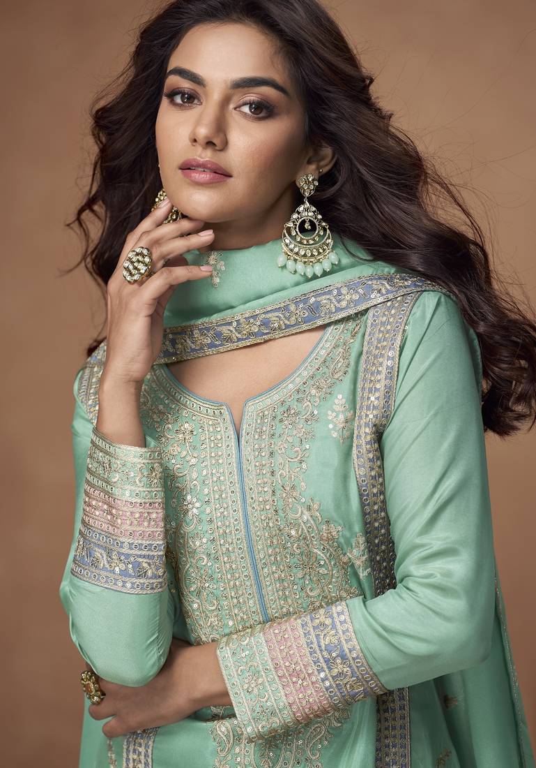 Sea-green chinon readymade palazzo suit with embroidery sequence work - full stitched free size