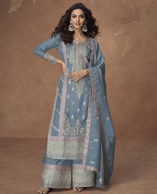 Sky-blue chinon readymade palazzo suit with embroidery sequin - full stitched free size 1