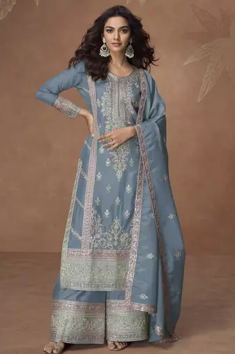 Sky-blue chinon readymade palazzo suit with embroidery sequence work - full stitched free size