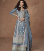 Sky-blue chinon readymade palazzo suit with embroidery sequence work - full stitched free size