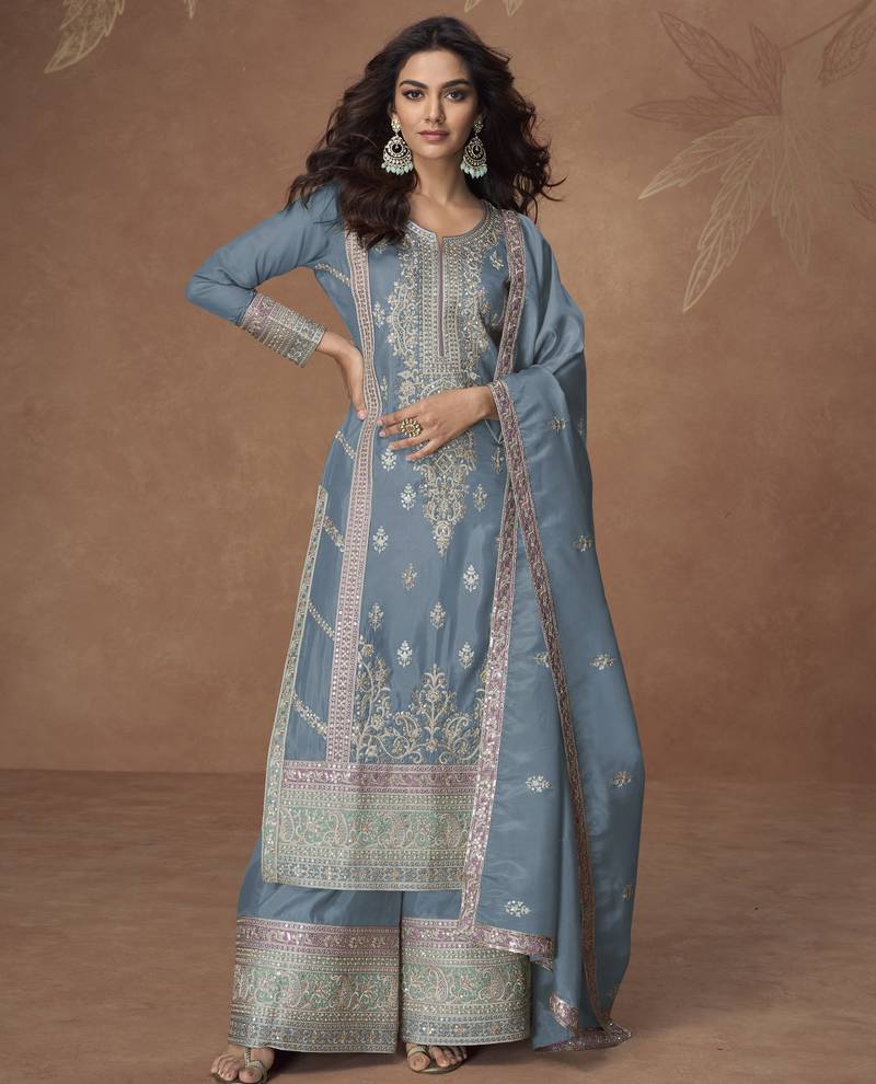 Sky-blue chinon readymade palazzo suit with embroidery sequence work - full stitched free size