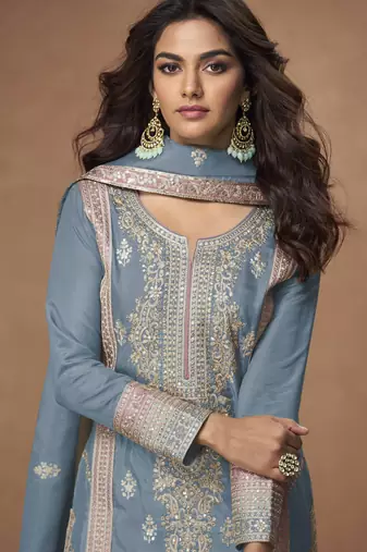 Sky-blue chinon readymade palazzo suit with embroidery sequin - full stitched free size