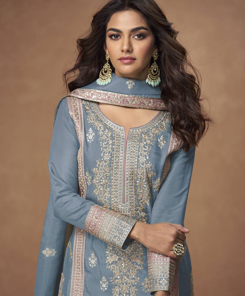 Sky-blue chinon readymade palazzo suit with embroidery sequence work - full stitched free size