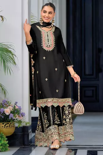 Black premium embroidered chinon readymade salwar suit - full stitched free size