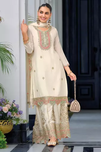 White premium embroidered chinon readymade salwar suit  - full stitched free size
