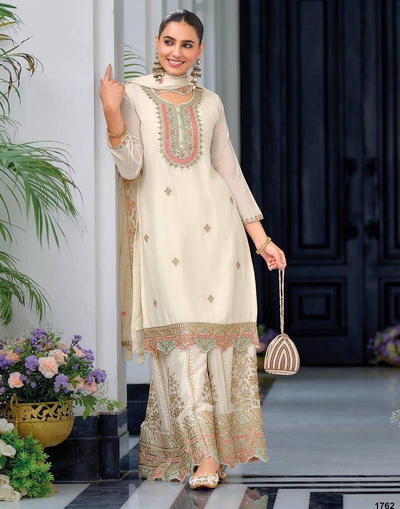 White premium embroidered chinon readymade salwar suit  - full stitched free size